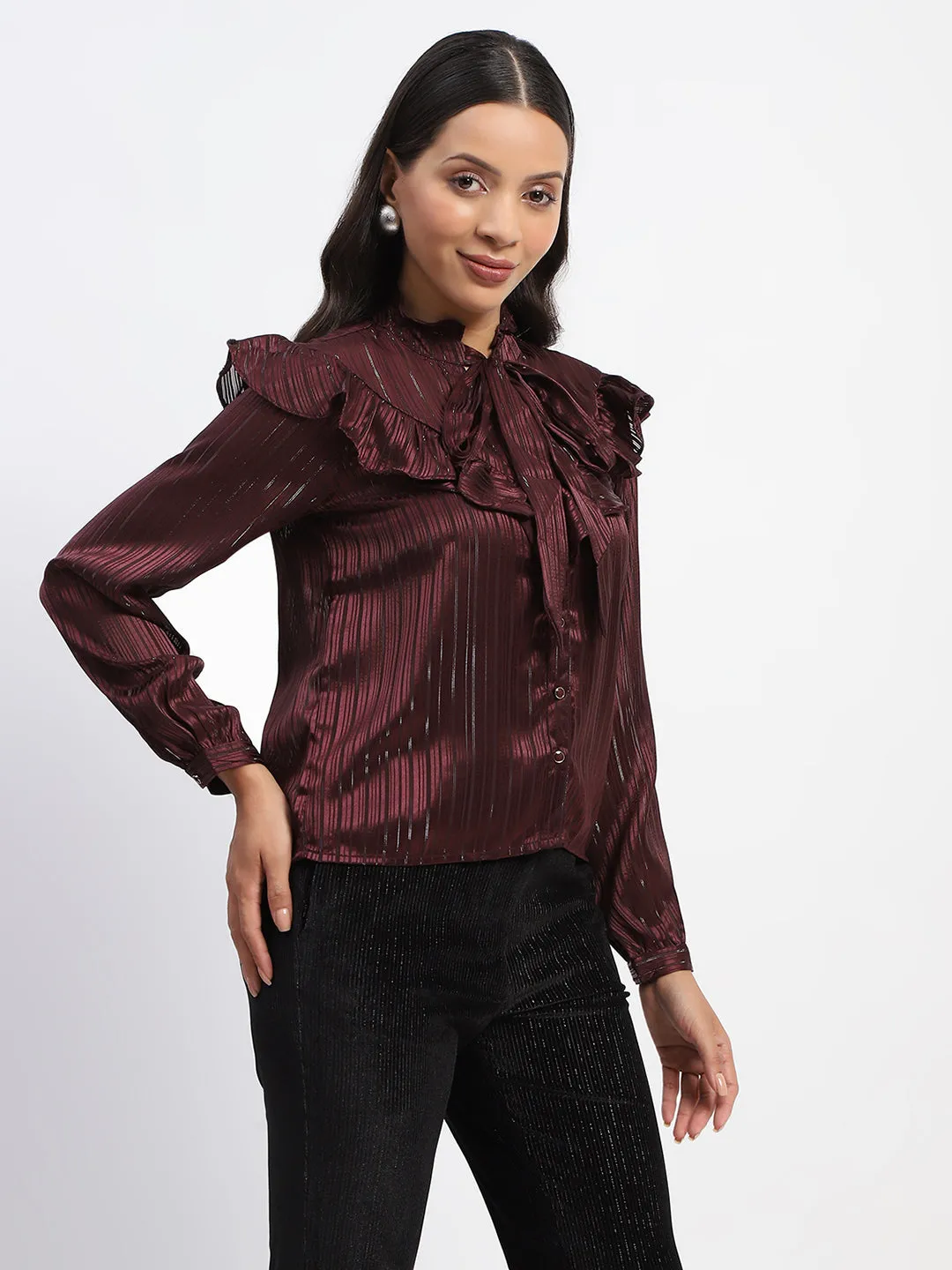 AllDayComfort Jump Core Madame Tie Knot Frill Necked Striped Wine Top
