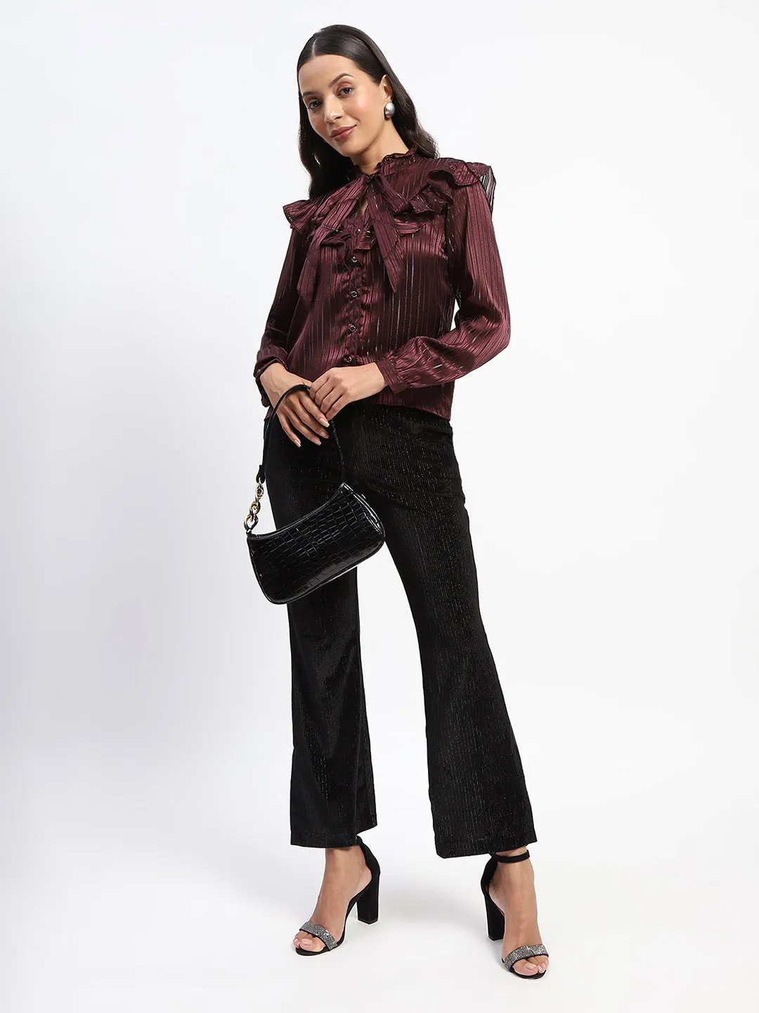 Madame Tie Knot Frill Necked Striped Wine Top Organic Cotton