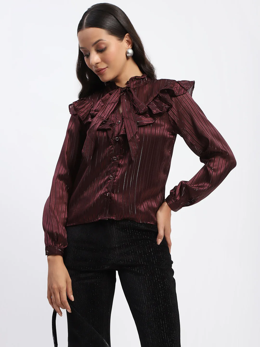 Recycle Glow TearResistant Fabric Madame Tie Knot Frill Necked Striped Wine Top