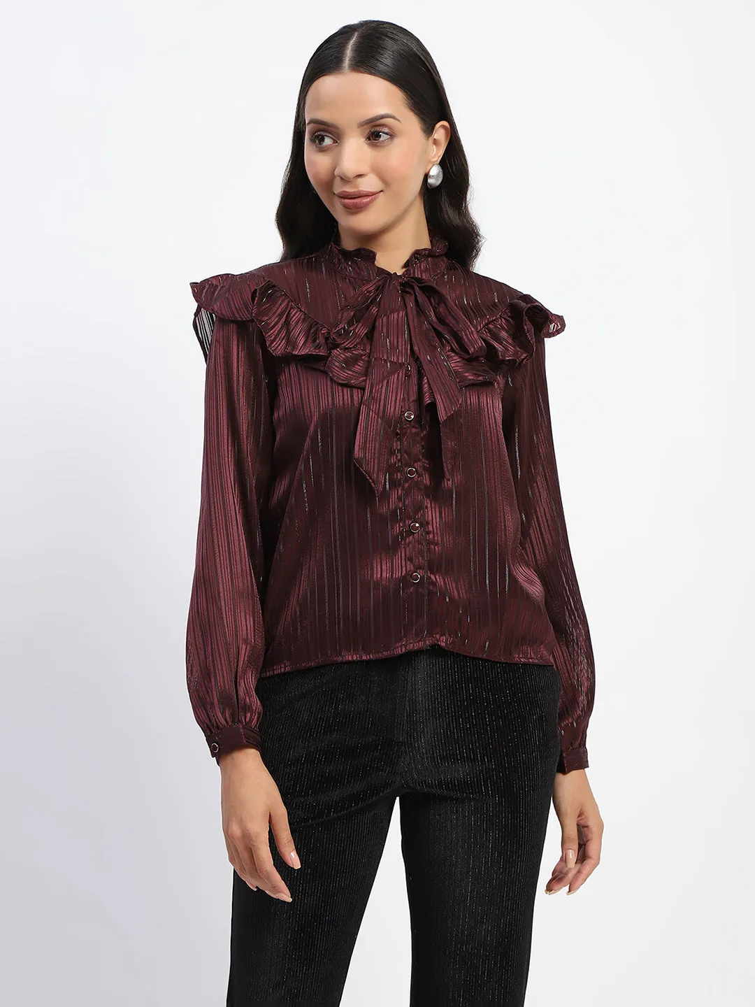 StaticFreeLining Madame Tie Knot Frill Necked Striped Wine Top