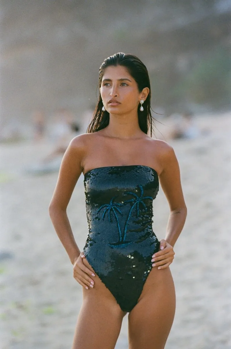Chrissy Hand Embroidered Sequin Swimsuit Black Secure Fit Design Ultrasonically Welded Seams