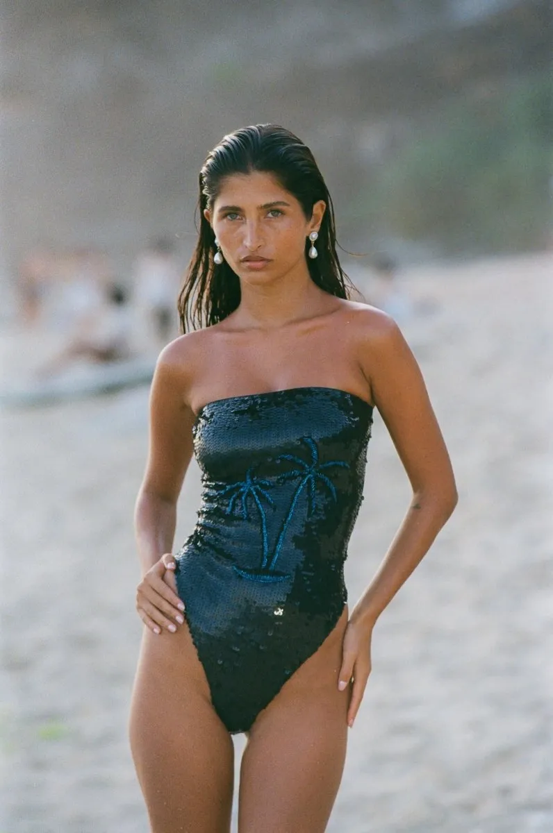 Chrissy Hand Embroidered Sequin Swimsuit Black Hydrodynamic Silhouette High Durability Elastic