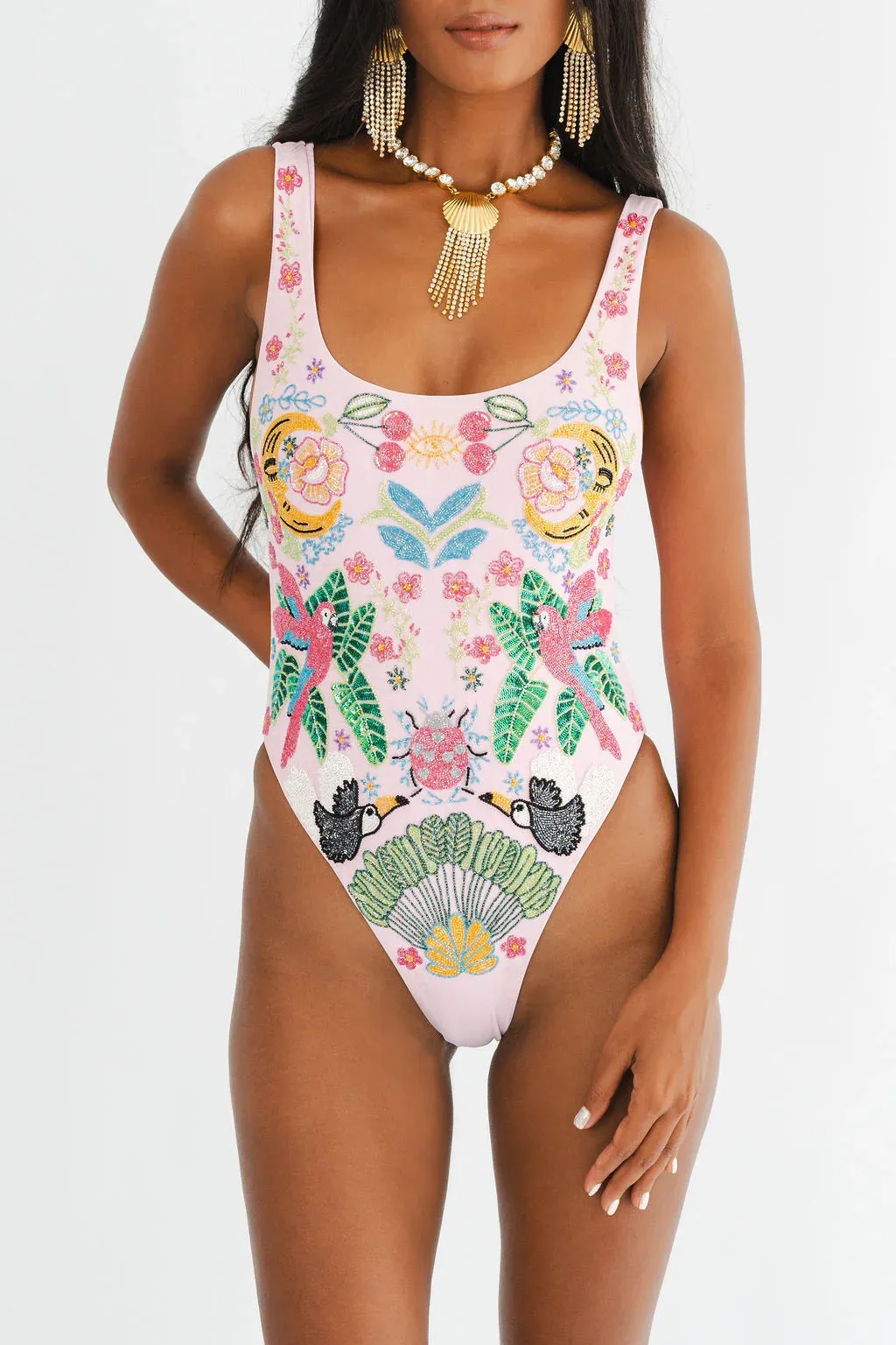 Waterfront Living Ultraviolet Protection Rainforest Hand Beaded swimsuit Pink