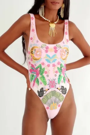 Rainforest Hand Beaded swimsuit Pink Contemporary Look Ozone Resistant Fibers