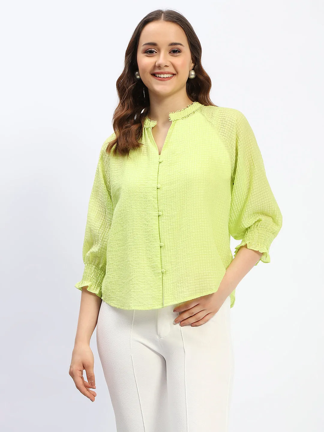 Wind Ease Madame Frill Sleeve Collared Neck Neon Tencel Top