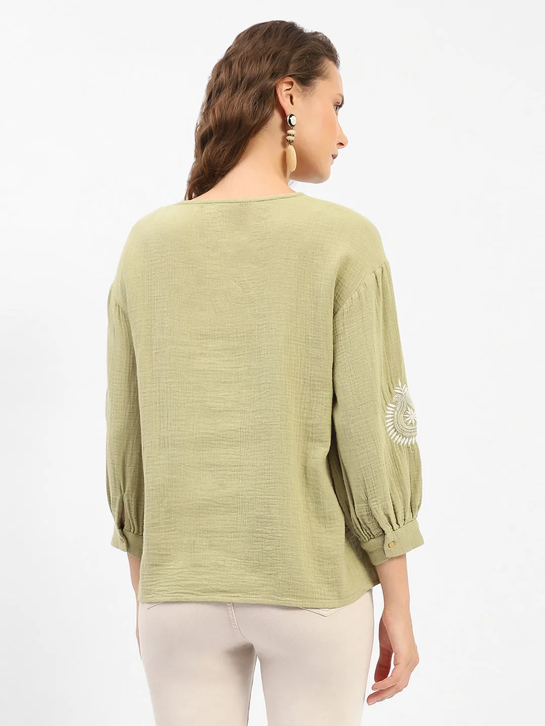 Stage Soul Madame Balloon Sleeve Green Chikankari Work Top