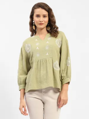 Madame Balloon Sleeve Green Chikankari Work Top ThermalRegulating Fabric LightweightWeave