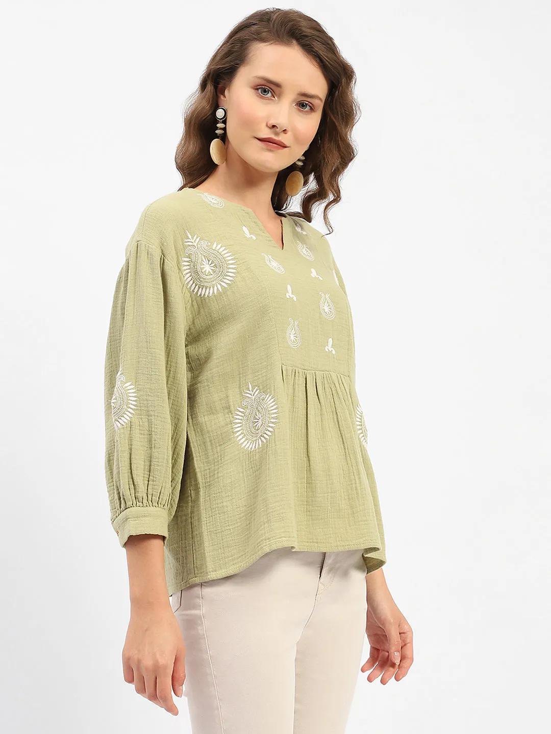 Madame Balloon Sleeve Green Chikankari Work Top AntiStatic Lining Easy Breath