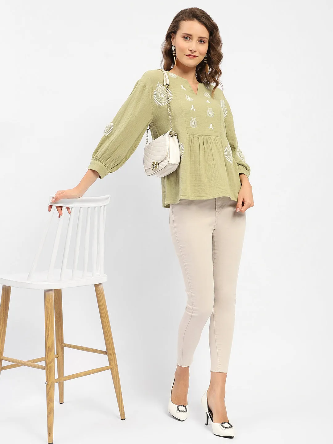 StretchFree Madame Balloon Sleeve Green Chikankari Work Top