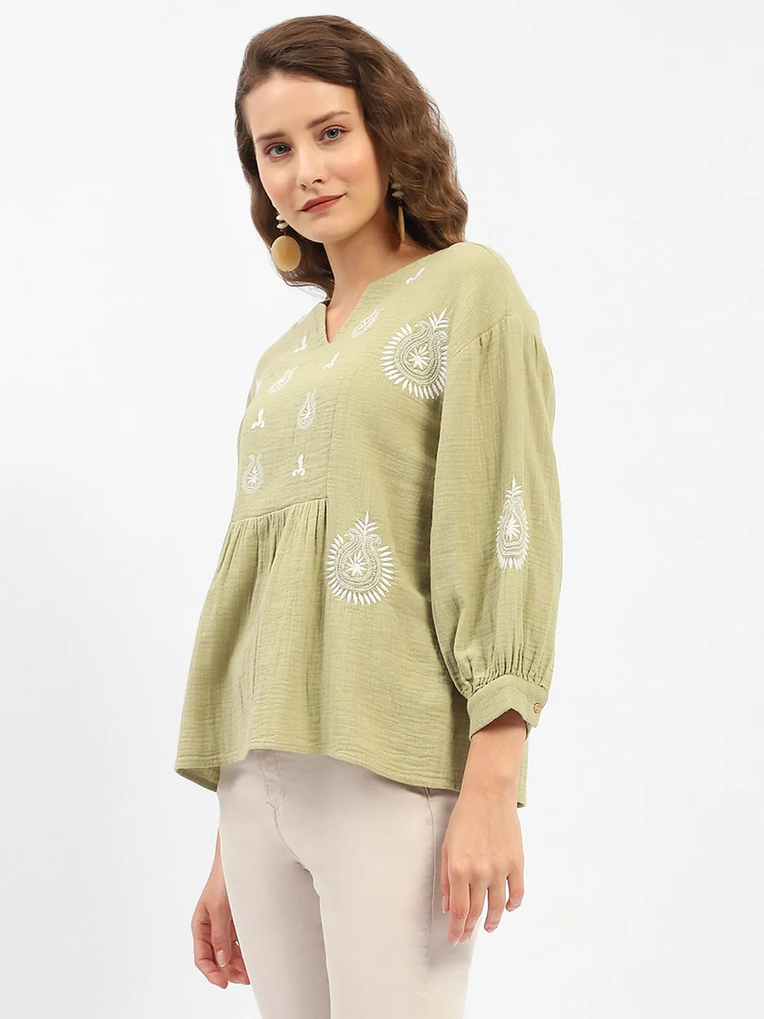 Madame Balloon Sleeve Green Chikankari Work Top Stretchable Waistband Professional Look