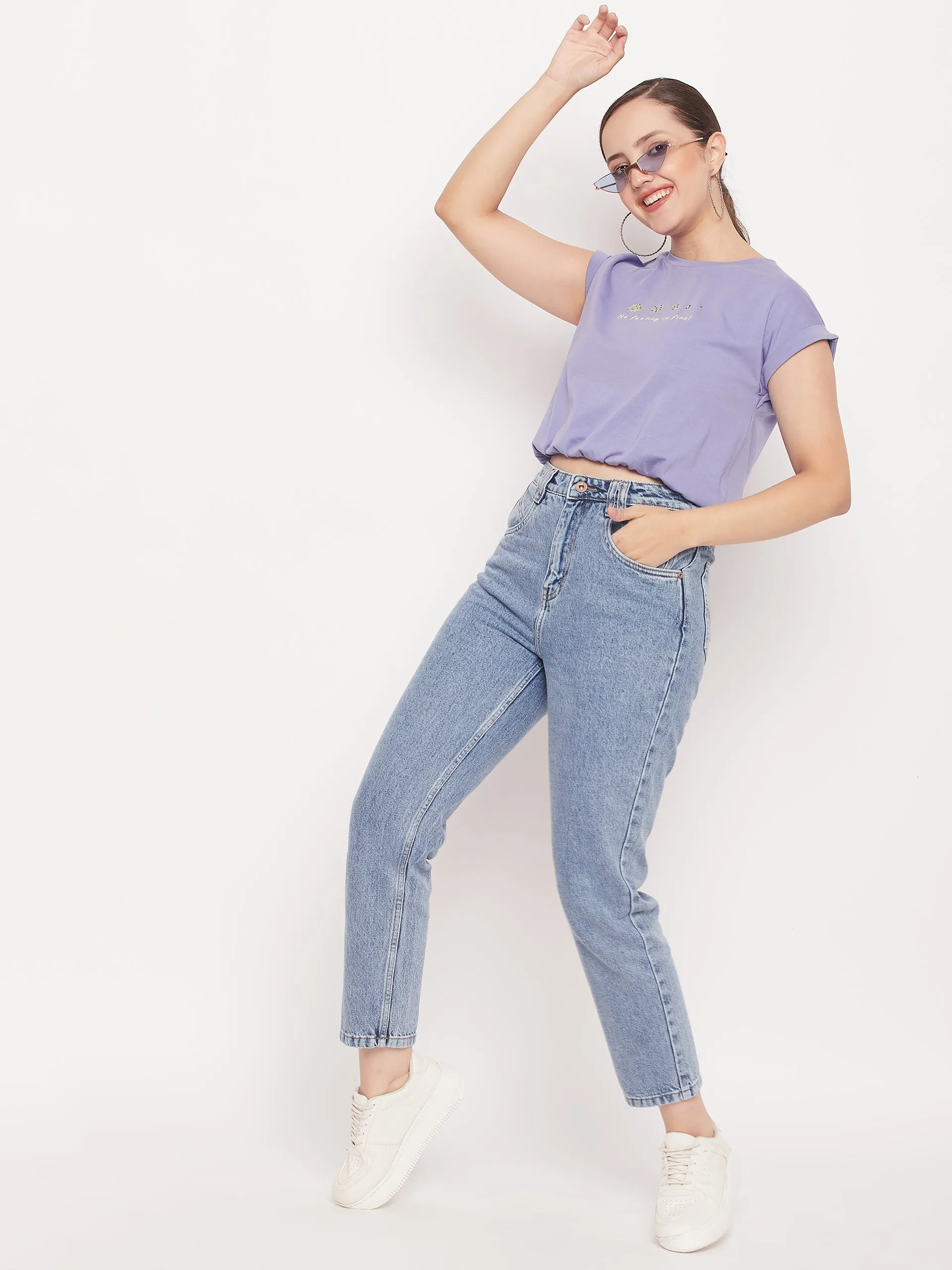 Handmade Glow Madame Solid Violet Typography Cuffed Half Sleeves Elasticated Waist Top