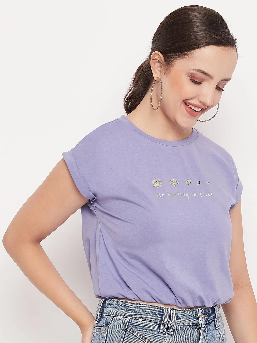 Flexible Hemline Comfortable Outerwear Madame Solid Violet Typography Cuffed Half Sleeves Elasticated Waist Top