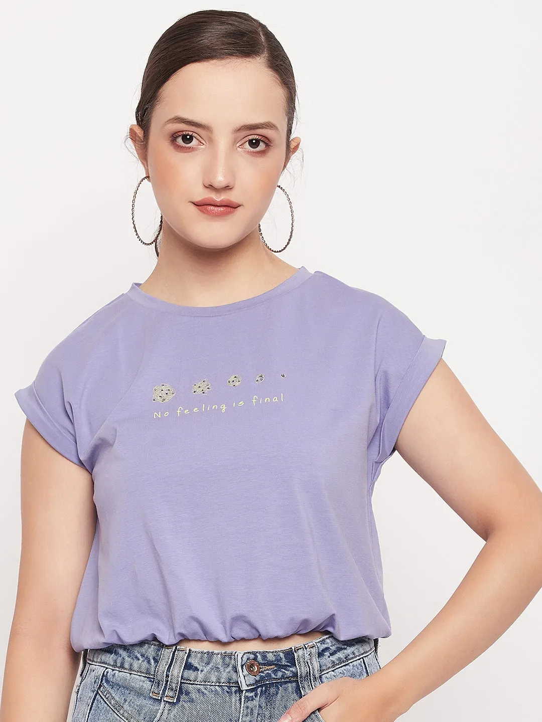 Madame Solid Violet Typography Cuffed Half Sleeves Elasticated Waist Top Practical Leggings
