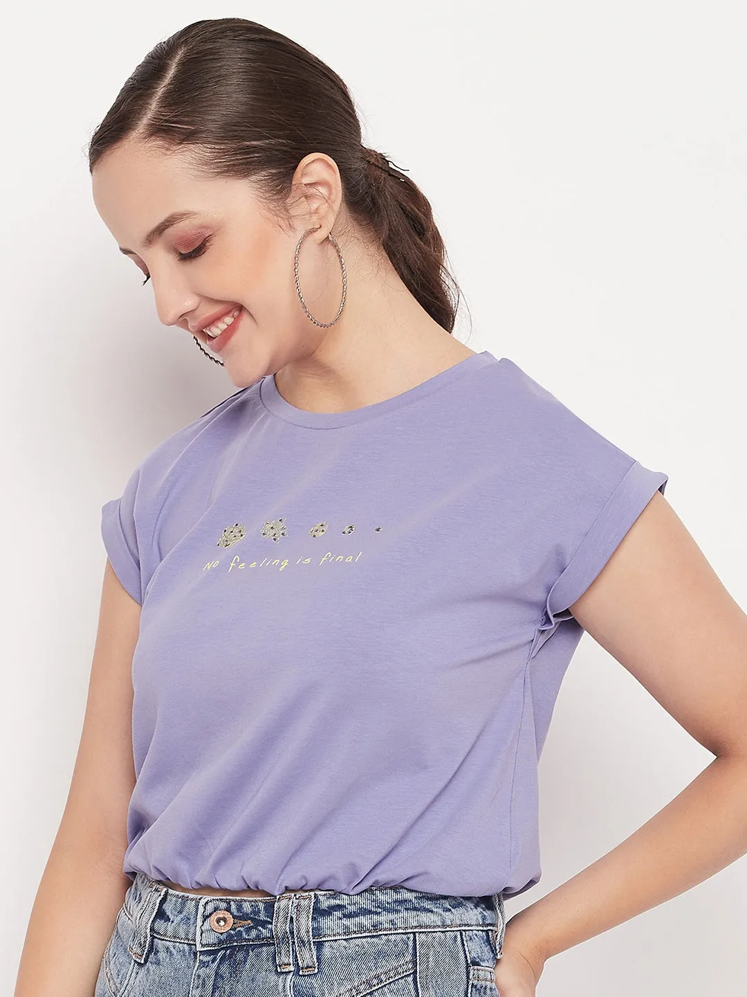 Tight Net Madame Solid Violet Typography Cuffed Half Sleeves Elasticated Waist Top