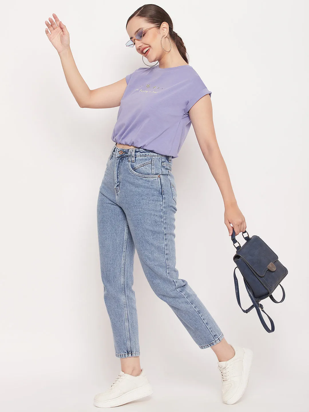 Classic Sweater Modern Look Madame Solid Violet Typography Cuffed Half Sleeves Elasticated Waist Top