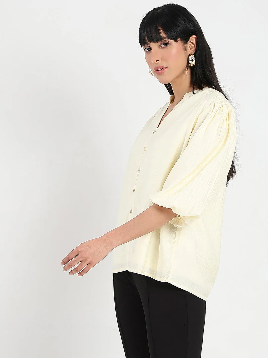 Snow Core Madame Textured Ruffle Neck Rayon Blend Off White Top
