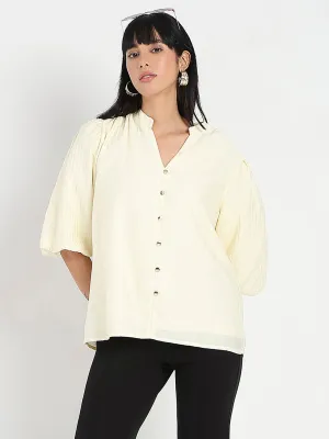Cyber Glow DurableThreadwork Madame Textured Ruffle Neck Rayon Blend Off White Top