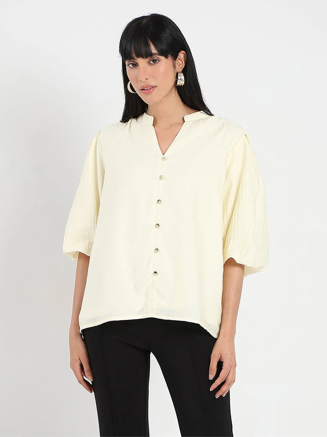 Open Heart Vented Panels Madame Textured Ruffle Neck Rayon Blend Off White Top