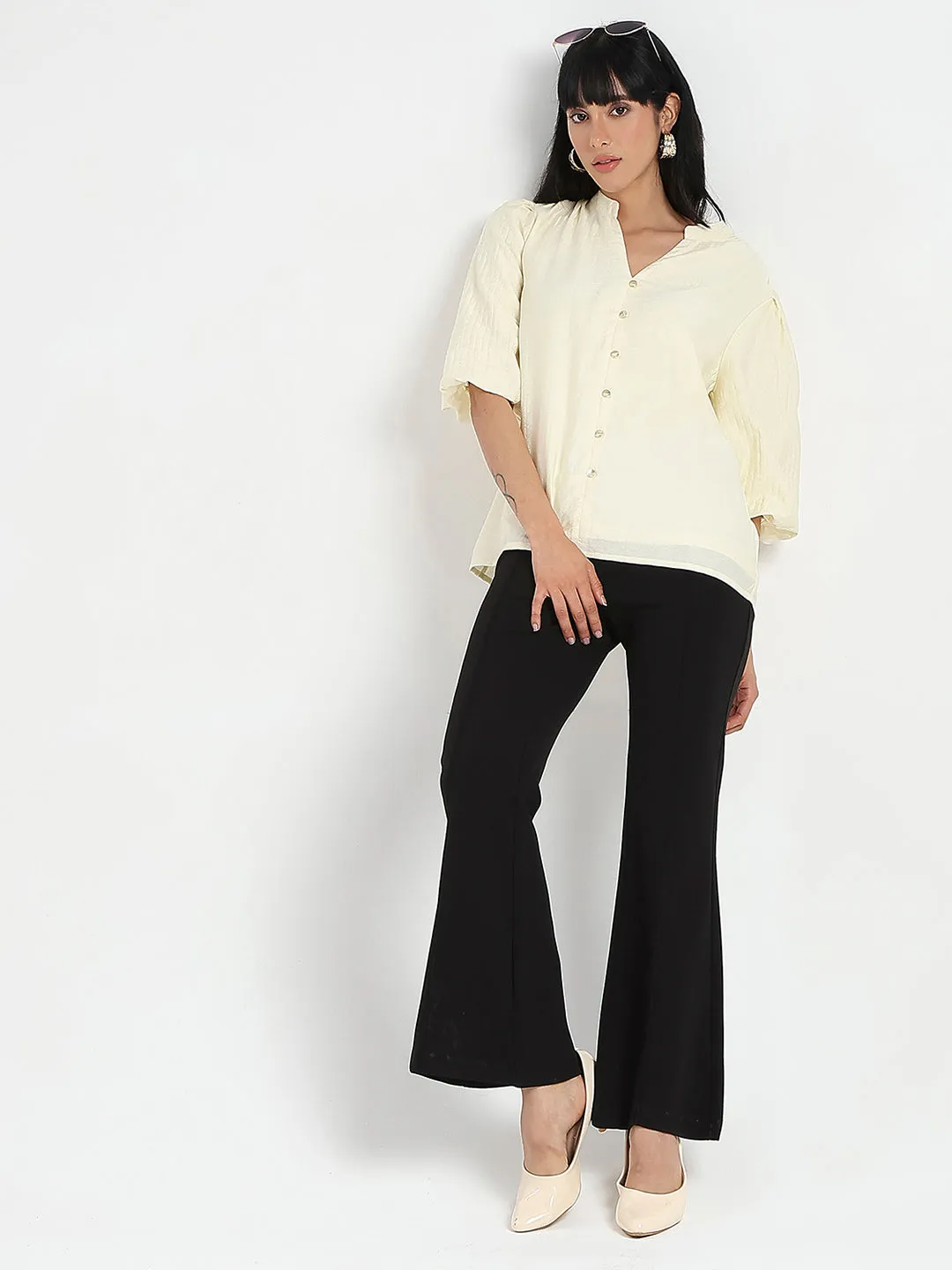 Madame Textured Ruffle Neck Rayon Blend Off White Top DoubleStitched LowMaintenanceMaterial