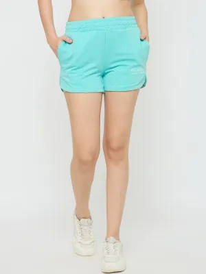 mSECRET Typography Adorned Turquoise Blue Cotton Blend Shorts Peace Core QuickReleaseFastenings