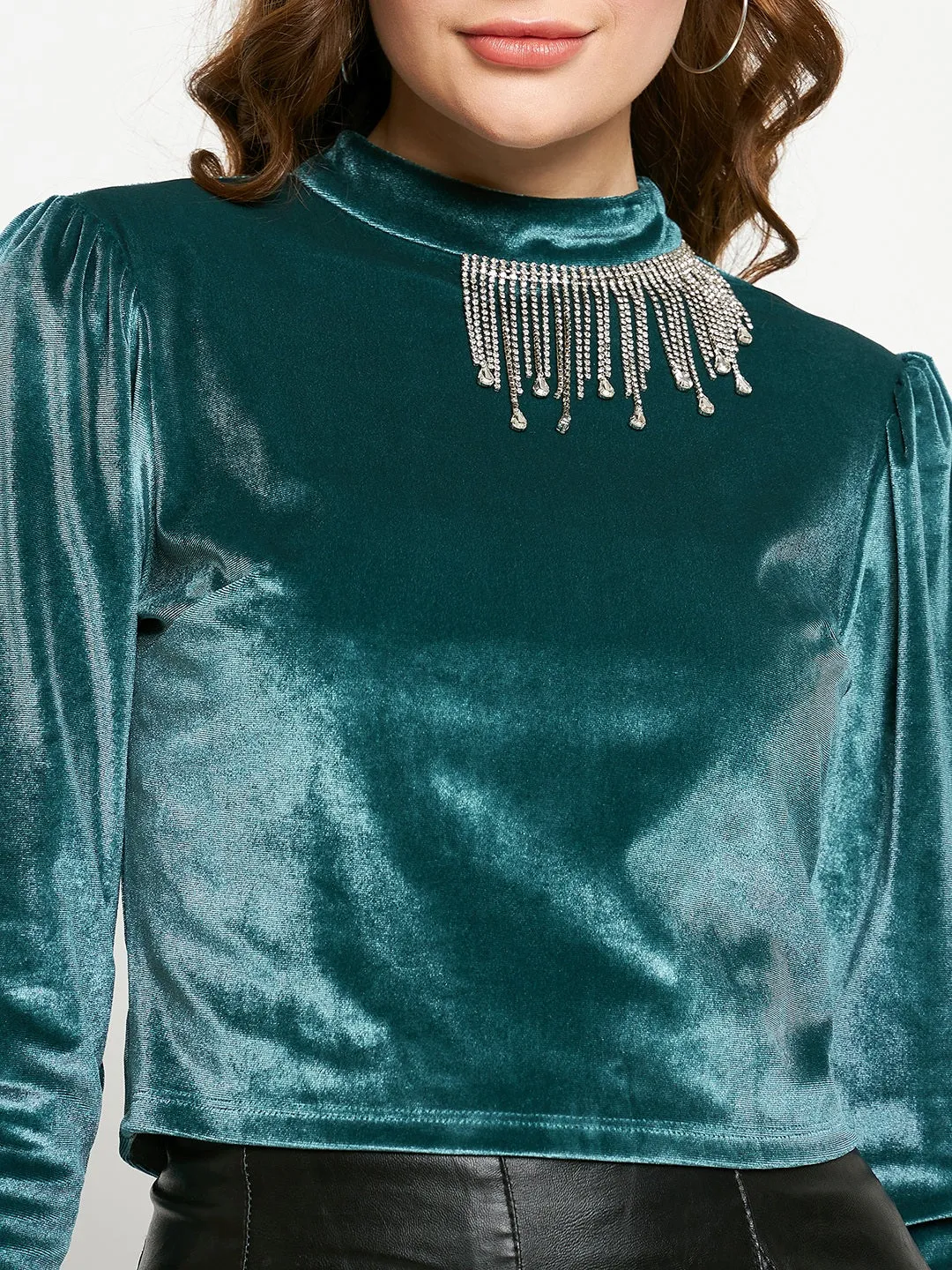Strong Glow Sun shield Madame Peacock Blue Rhinestone Embellished Mock Neck Velvet Top