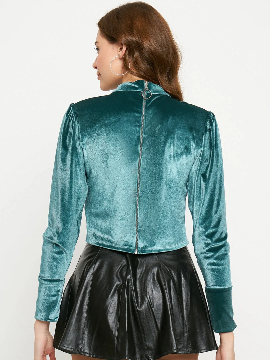 Stone Glow Madame Peacock Blue Rhinestone Embellished Mock Neck Velvet Top