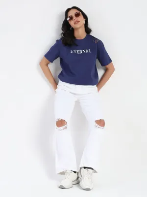 Madame Printed Embroidery Cutwork Navy Blue Crop T-shirt Classic Color