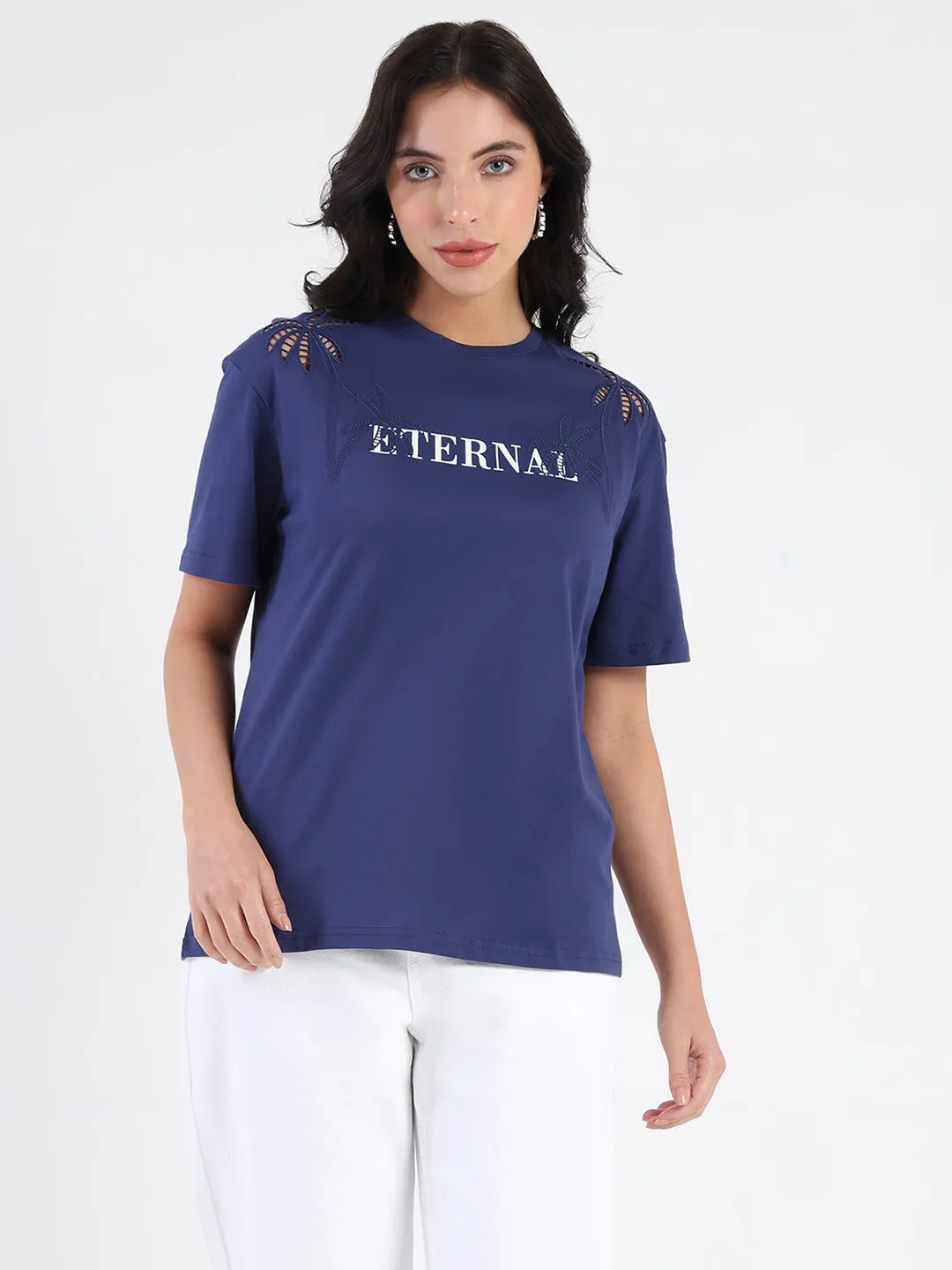 Fresh Style Anti Pilling Finish Madame Printed Embroidery Cutwork Navy Blue Crop T-shirt