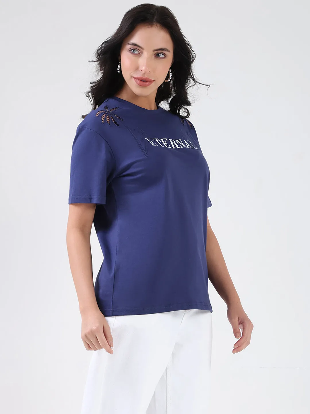 Reinforced Shoulders Madame Printed Embroidery Cutwork Navy Blue Crop T-shirt