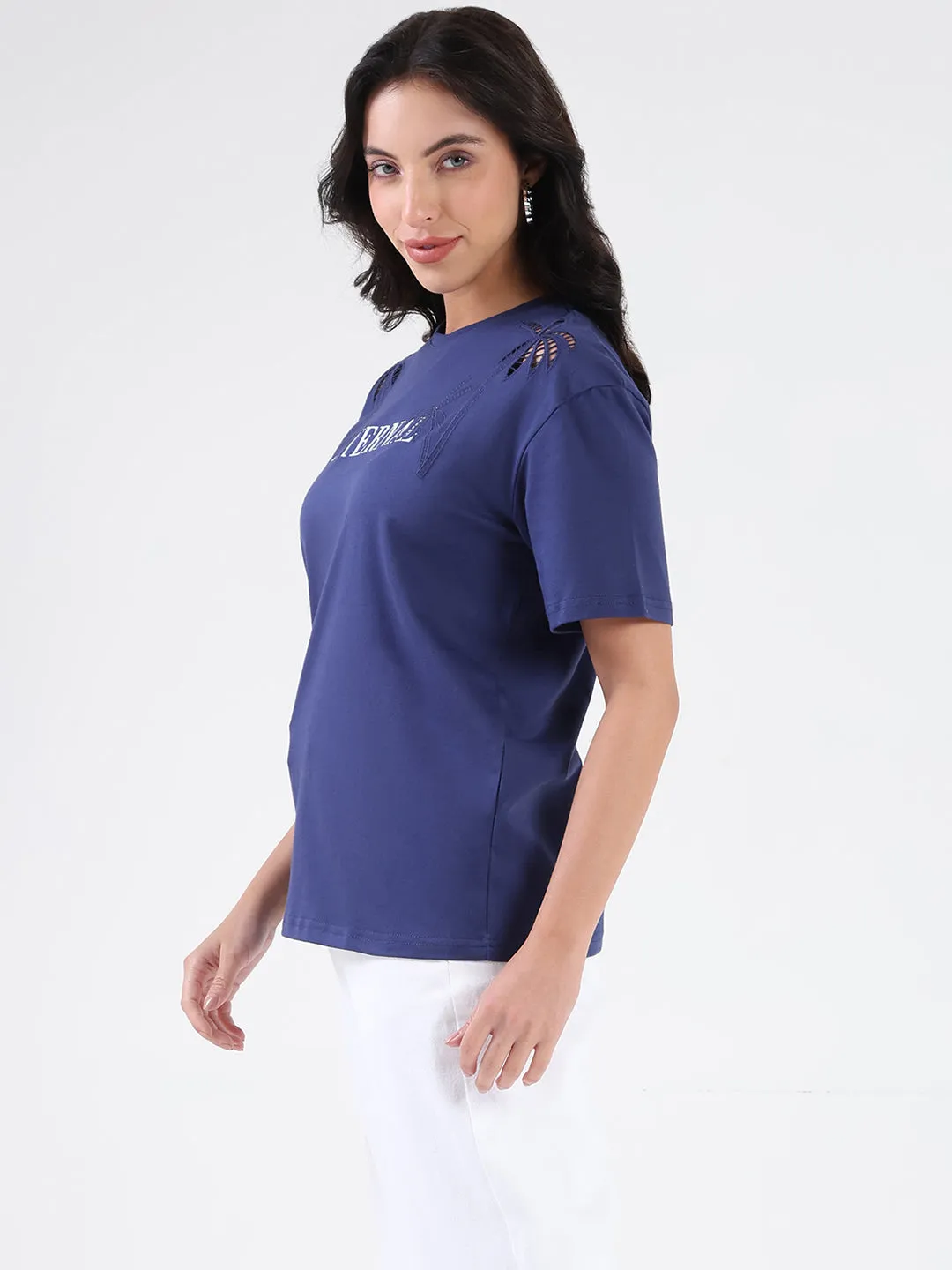 Madame Printed Embroidery Cutwork Navy Blue Crop T-shirt Perfectly Fit