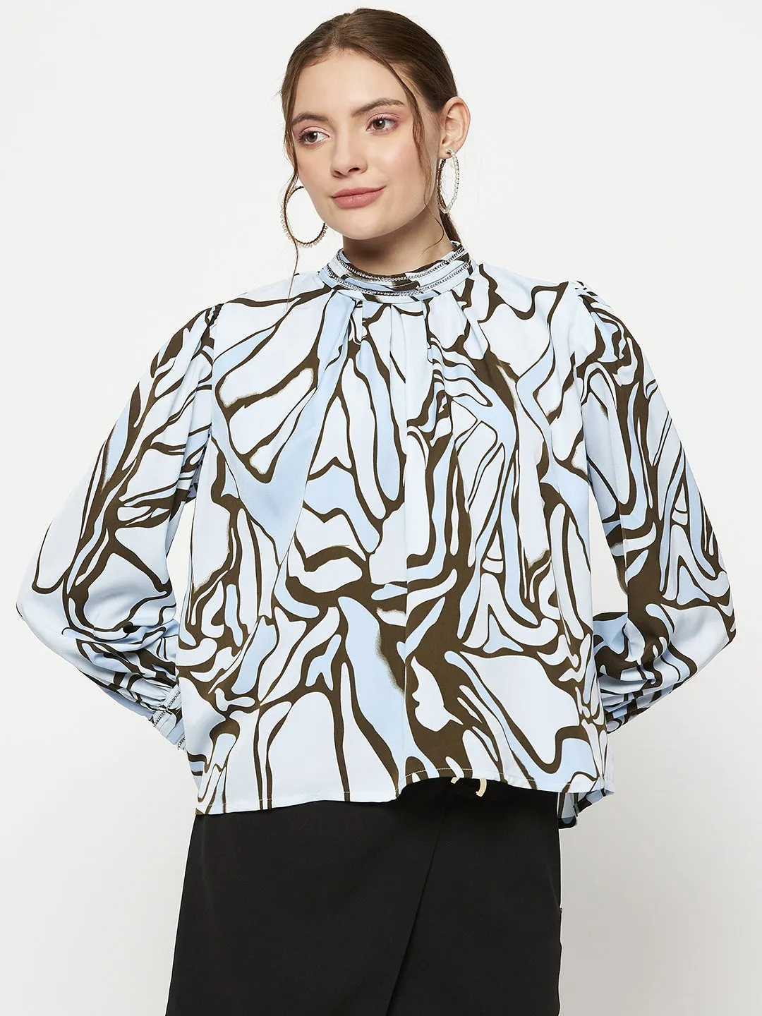 SkinFriendlyElastic Stylish Dress Madame Embellished Butterfly Print Sky Blue Mock Neck Top