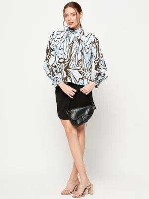 Madame Embellished Butterfly Print Sky Blue Mock Neck Top Work Mix Fashionable Vest