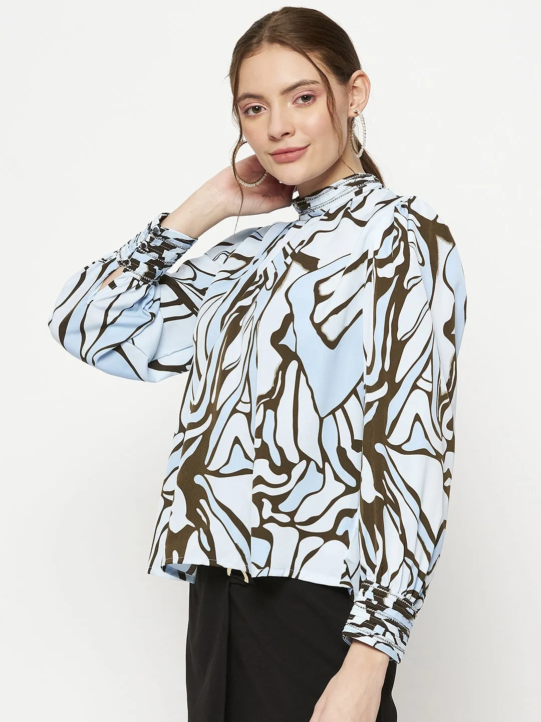Madame Embellished Butterfly Print Sky Blue Mock Neck Top DurableCoverstitch Cozy Layer