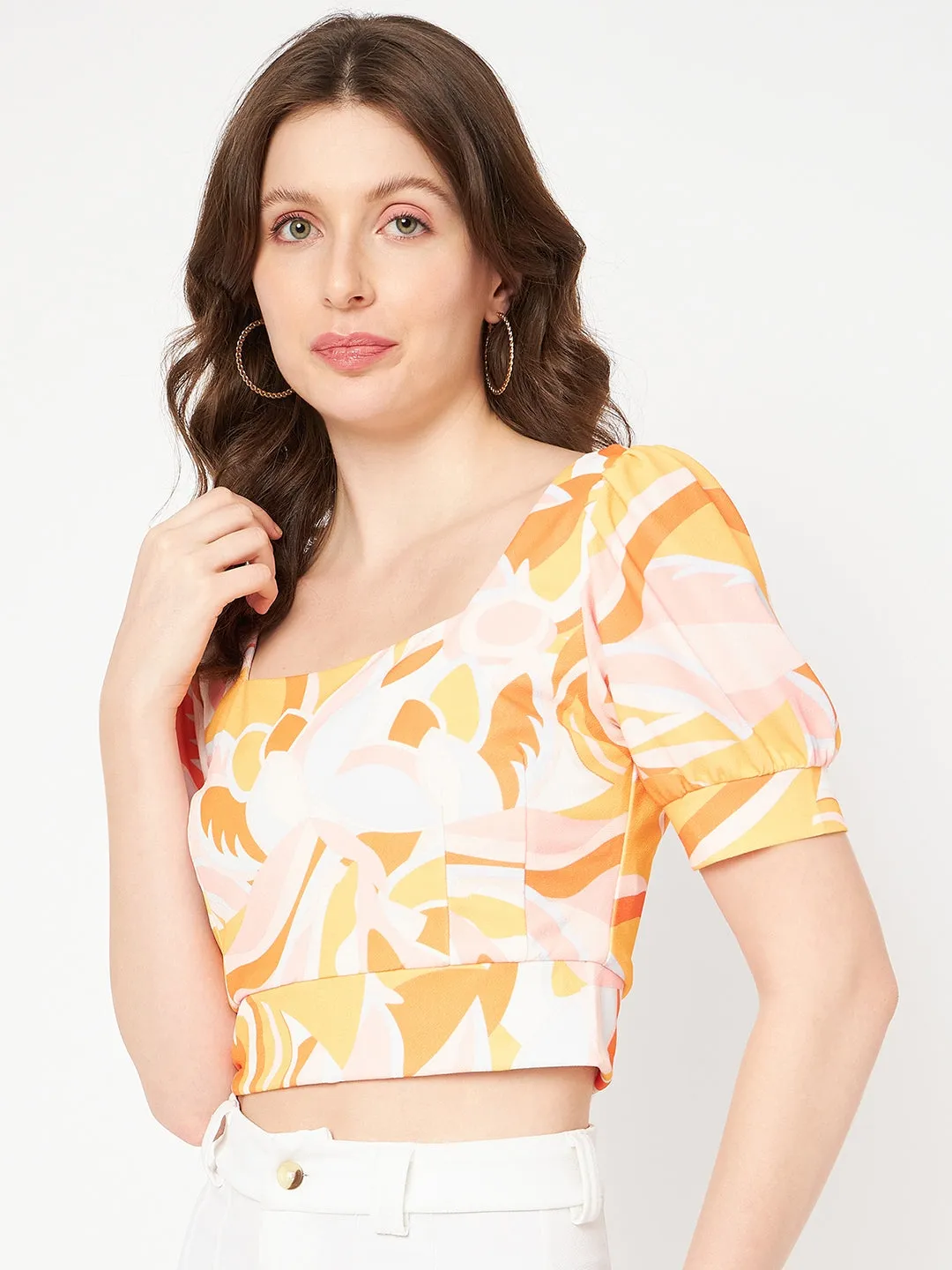 Muse Edge Minimalist Style Madame Marble Print Square Neck Tangerine Orange Crop Top