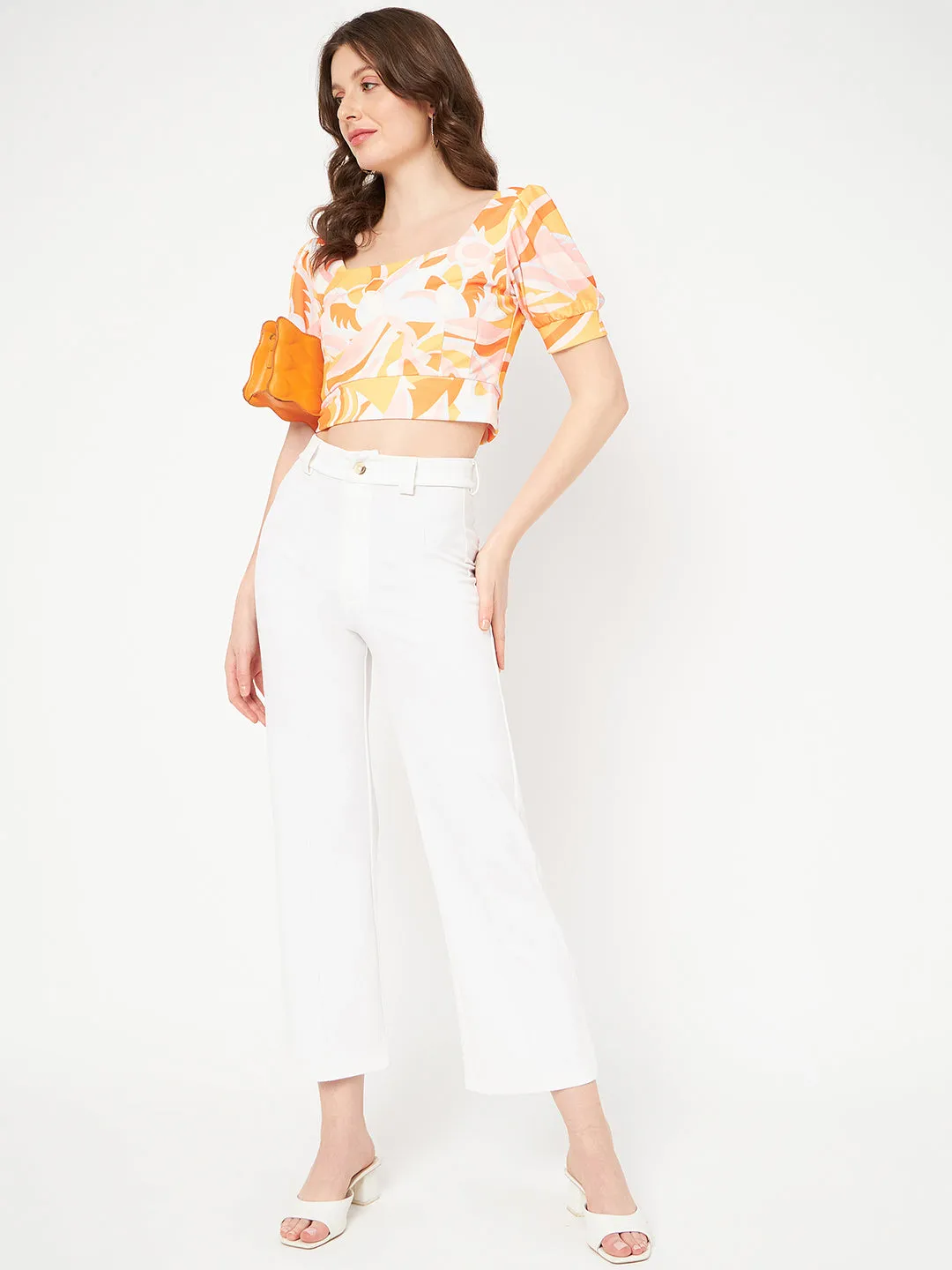 ChafeResistant Seams Professional Clothing Madame Marble Print Square Neck Tangerine Orange Crop Top