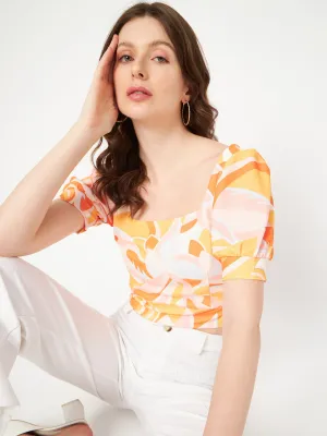 Madame Marble Print Square Neck Tangerine Orange Crop Top Cold Weather Gear