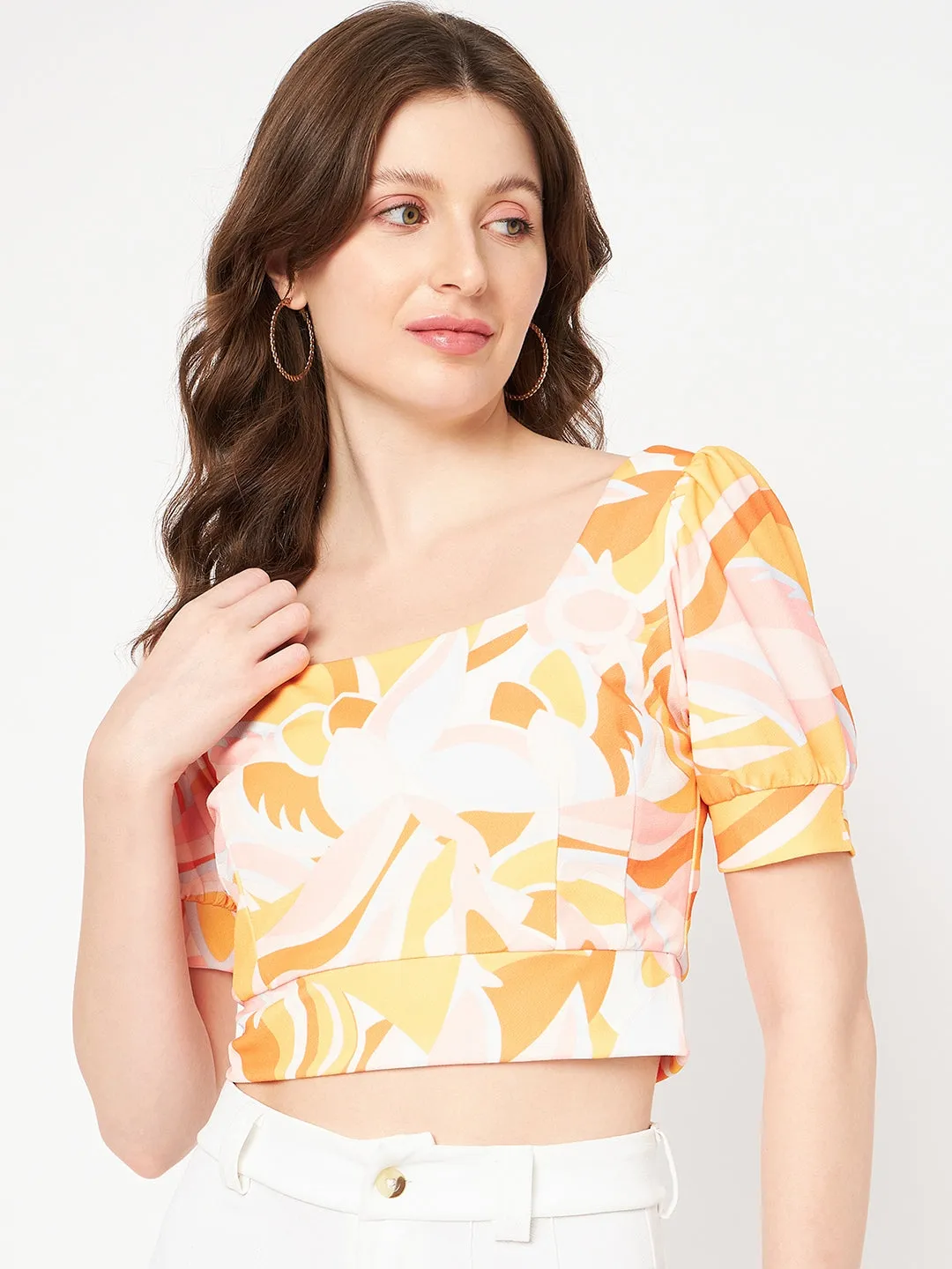 Madame Marble Print Square Neck Tangerine Orange Crop Top Cozy Robe