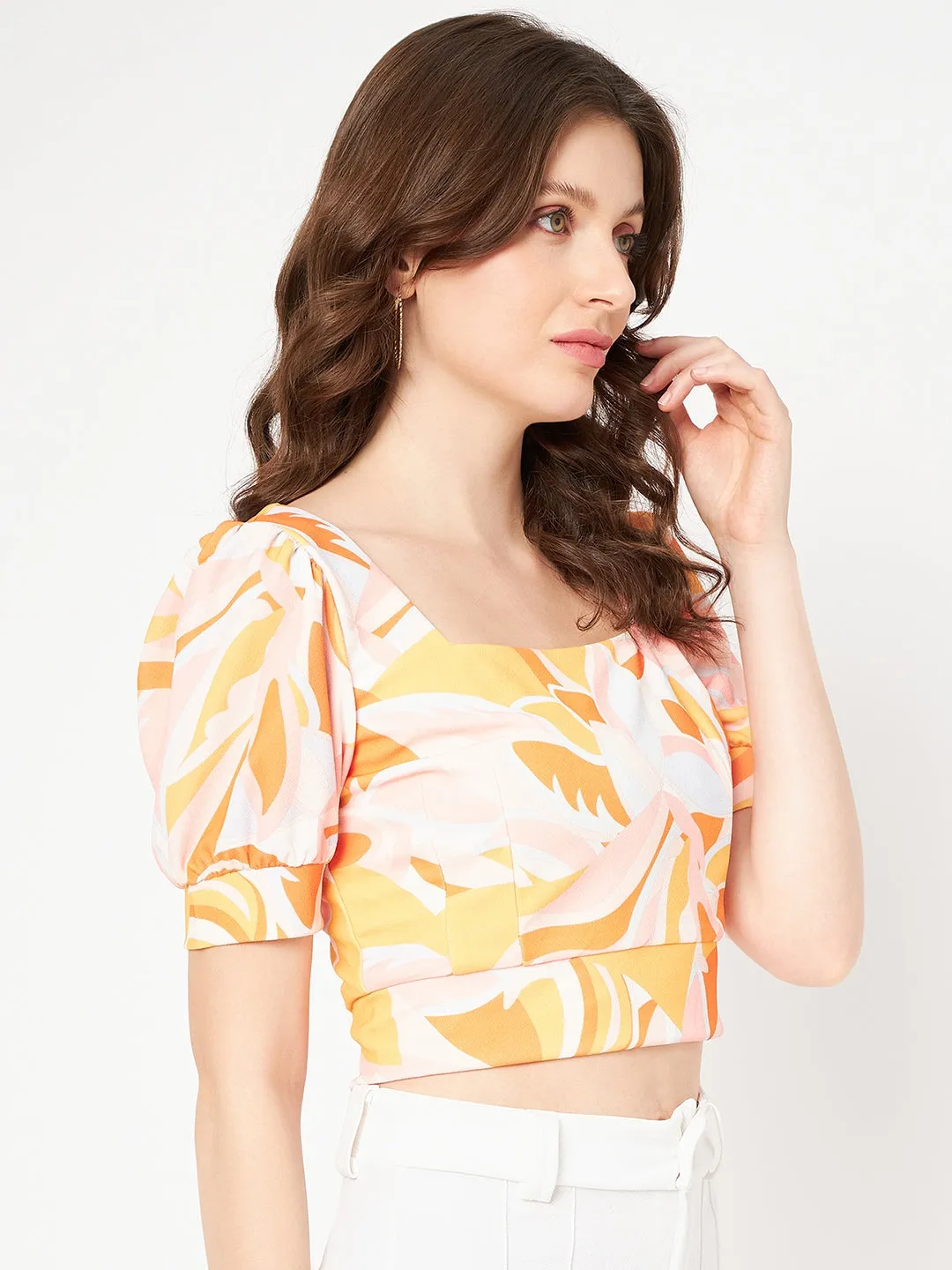 Madame Marble Print Square Neck Tangerine Orange Crop Top Breezy Design Outdoor Look