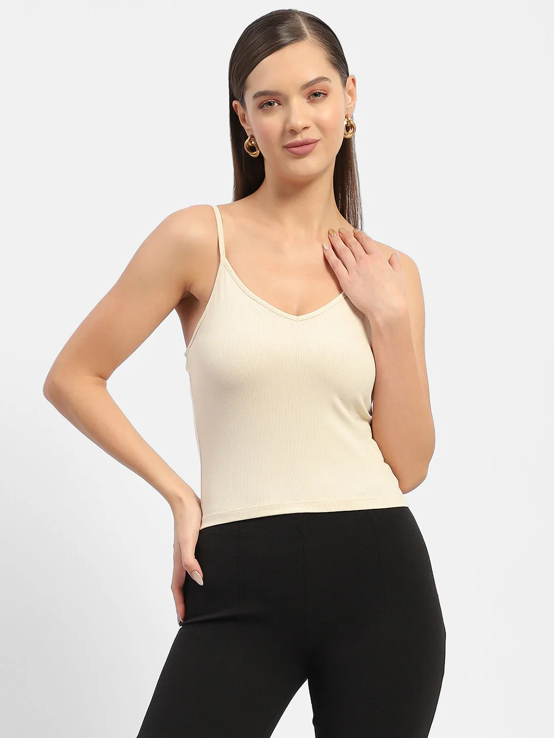 DoubleLayeredHem MultiDirectionalFlex Madame Solid Cream Tank Top