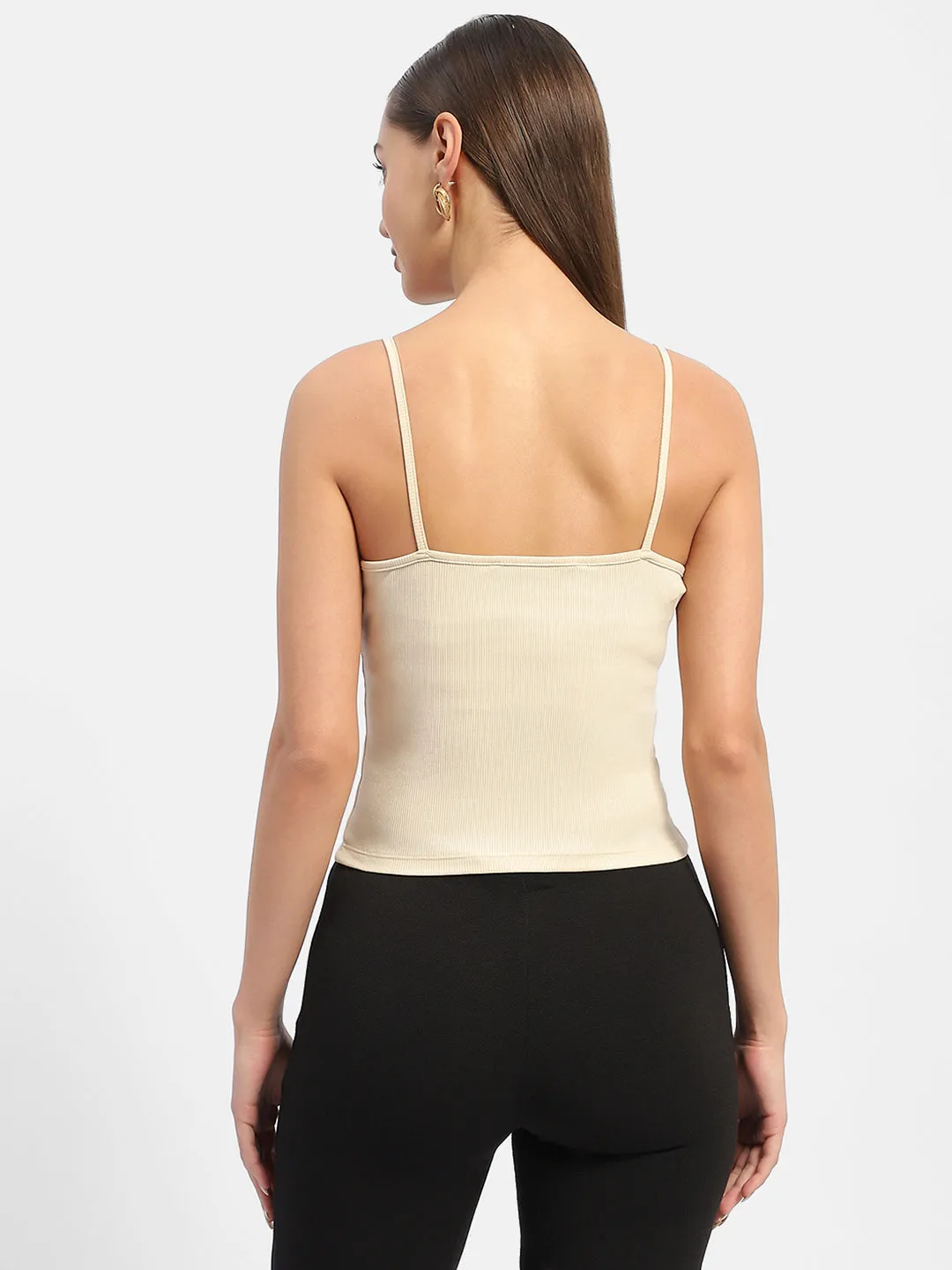 Madame Solid Cream Tank Top Stylish Dress