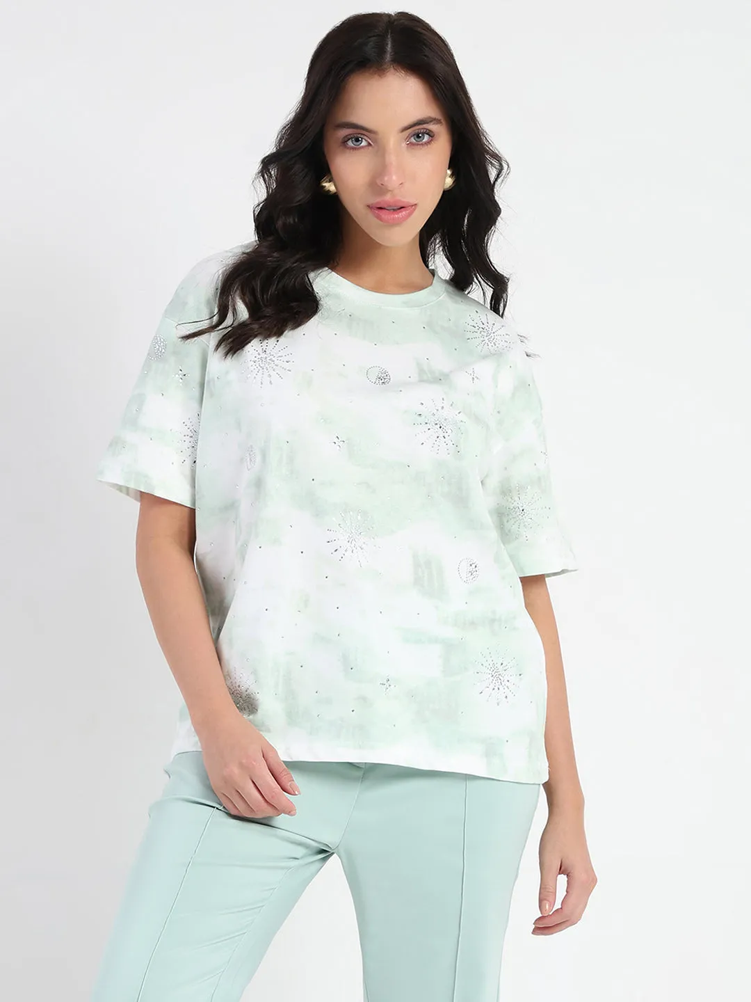 Timeless Piece Stretchable Knit Madame Swarovksi Detailed Tie and Dye Sea Green T-shirt