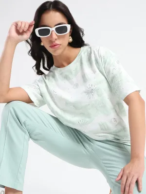Madame Swarovksi Detailed Tie and Dye Sea Green T-shirt Quality Comfort Casual Outfit