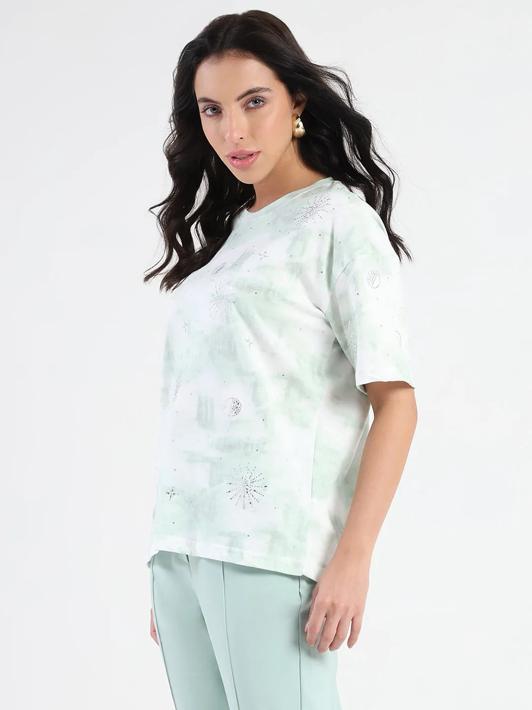 Madame Swarovksi Detailed Tie and Dye Sea Green T-shirt Functional Style