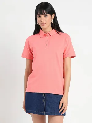 Comfortable And Trendy Madame Collared Solid Coral Cotton Blend Polo T-Shirt