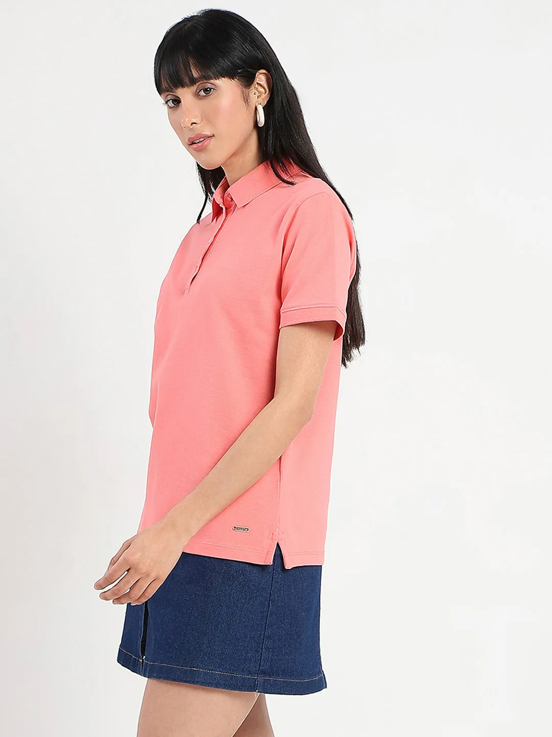 Lightweight Weave Madame Collared Solid Coral Cotton Blend Polo T-Shirt