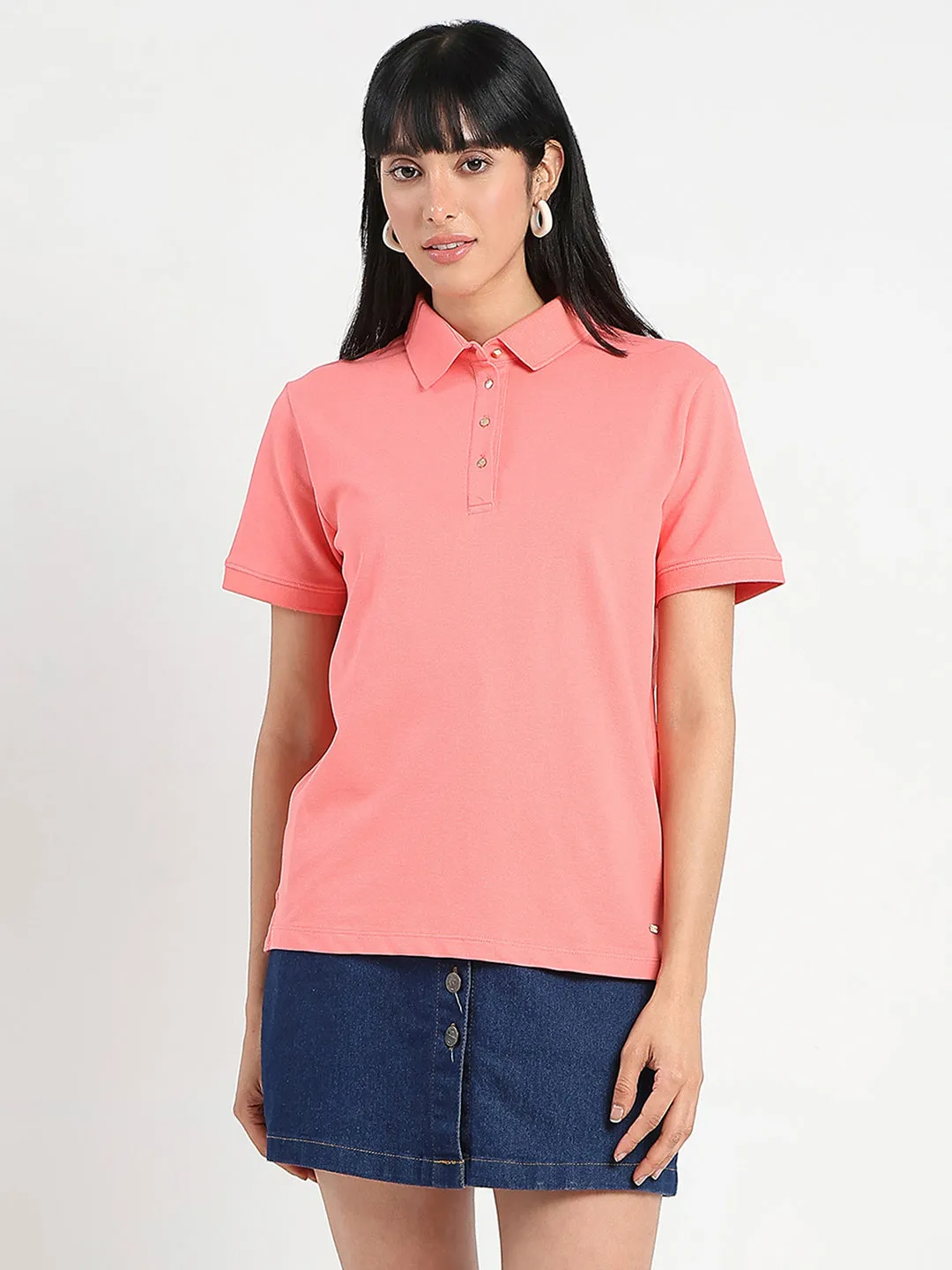 Comfortable And Trendy Madame Collared Solid Coral Cotton Blend Polo T-Shirt