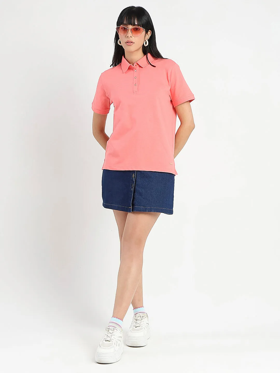 winter warmth Flexible Ribbed Cuffs Madame Collared Solid Coral Cotton Blend Polo T-Shirt