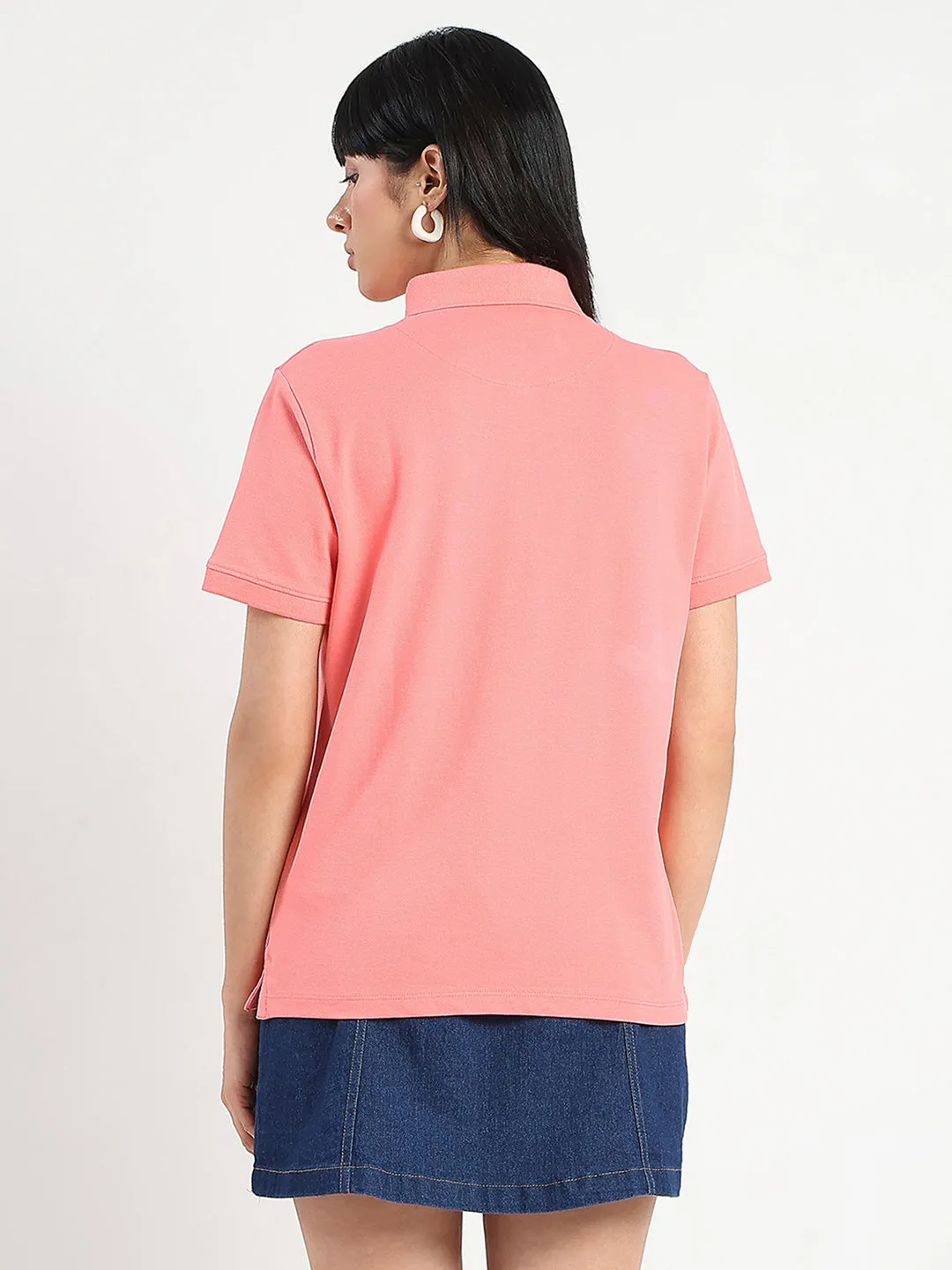 Non Shrink Material Printed Logo Madame Collared Solid Coral Cotton Blend Polo T-Shirt