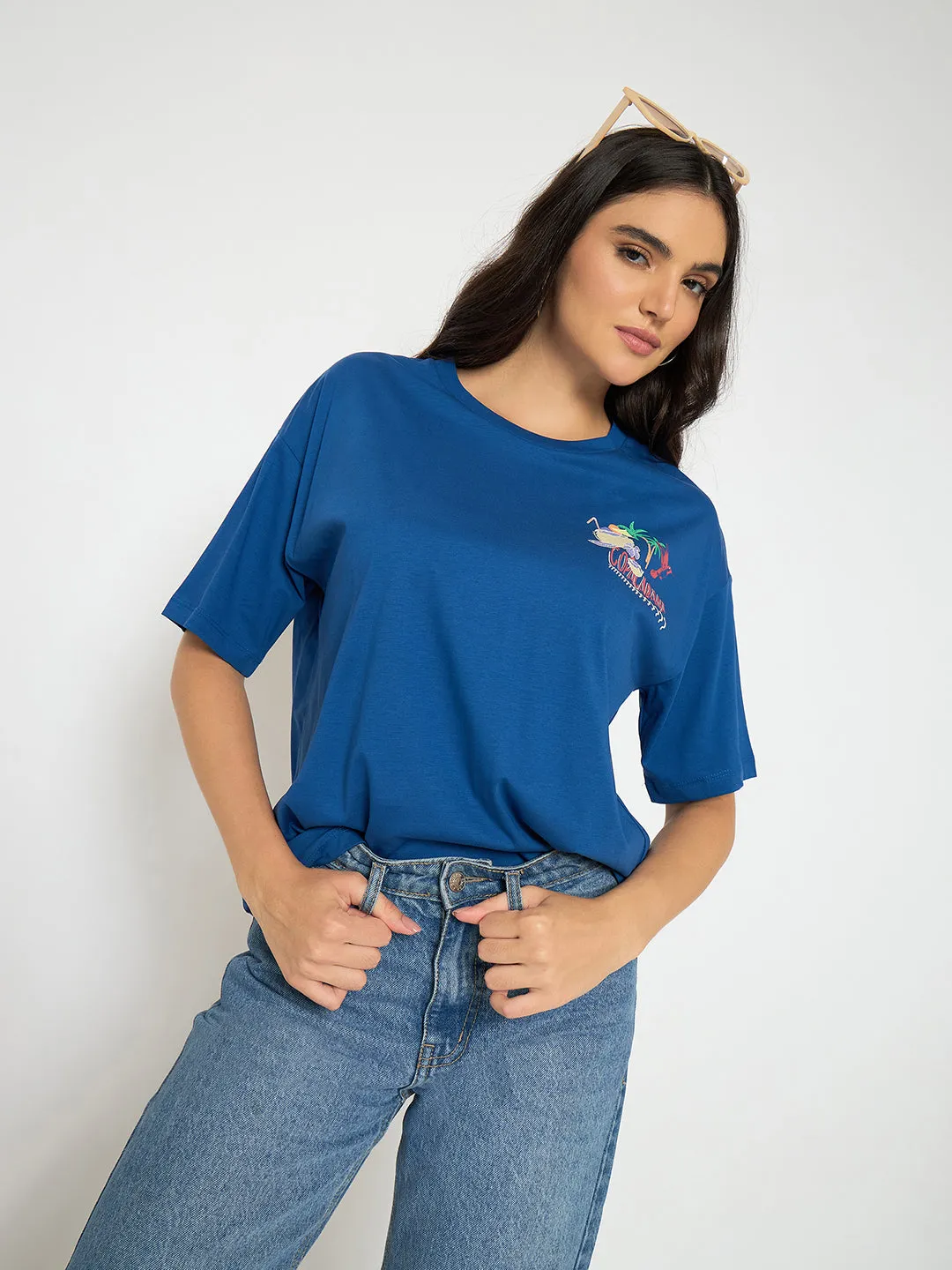 Simple Comfort Madame Graphic Adorned Royal Blue Cotton T-Shirt