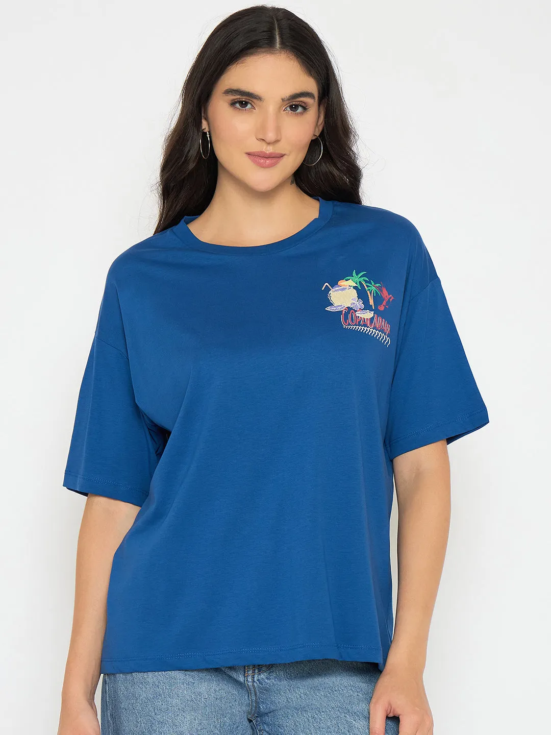 Madame Graphic Adorned Royal Blue Cotton T-Shirt Street Comfort Style